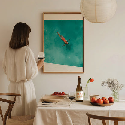 Swimmer in Pool Poster | Teal and Coral Watercolor Art Print | Spa Wall Art — styled in an interior