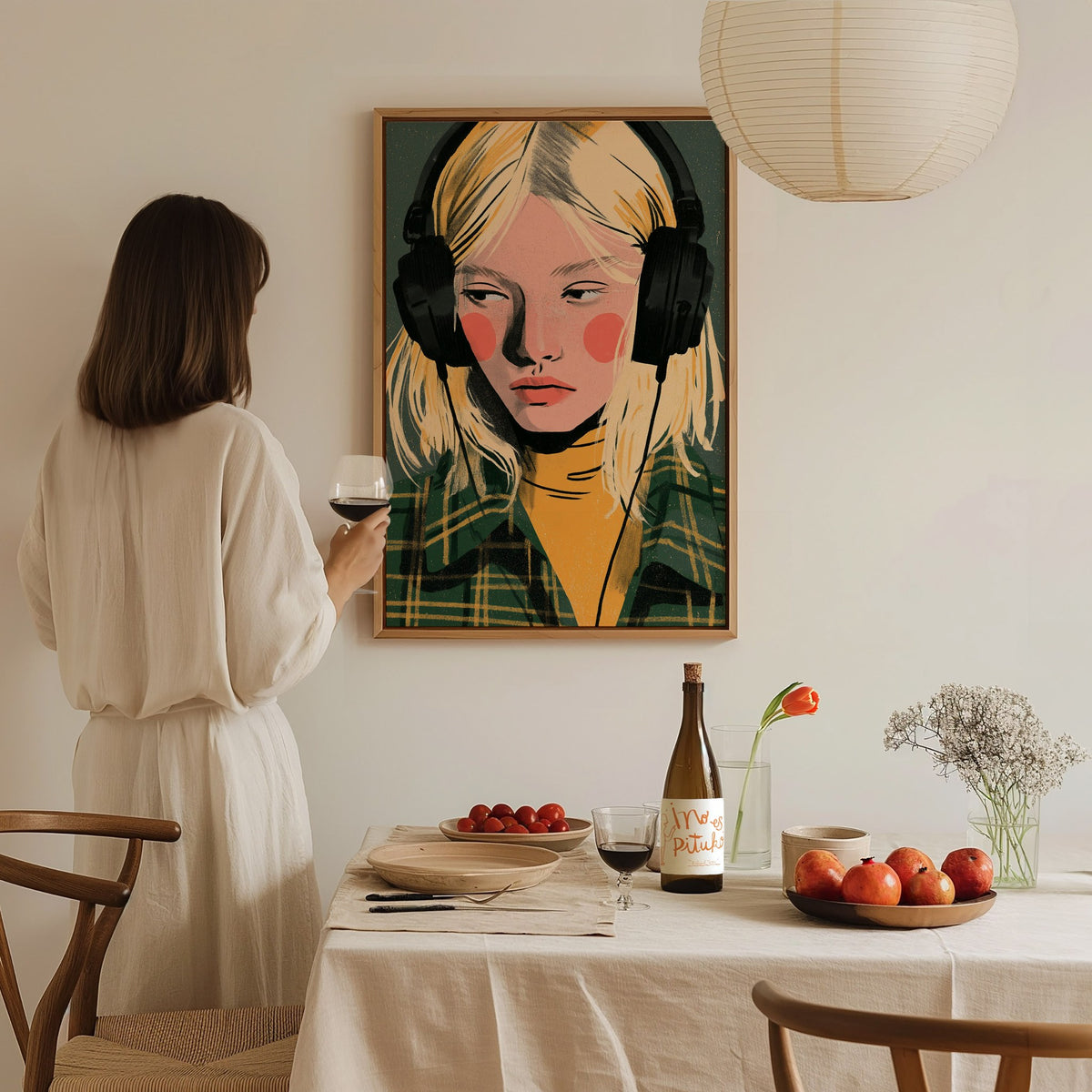 Headphone Hours Poster | Green and Gold Illustrative Art Print | Music Lovers Wall Art — styled in an interior