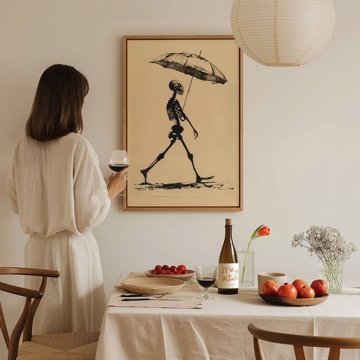 Skeleton with Umbrella Poster | Black and Cream Pen and Ink Art Print | Dark Humor Wall Art — styled in an interior