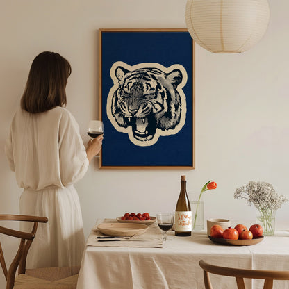 Tiger Roars Blue Poster | Navy and Cobalt Screen Print Art Print | Mid-Century Wall Art — styled in an interior