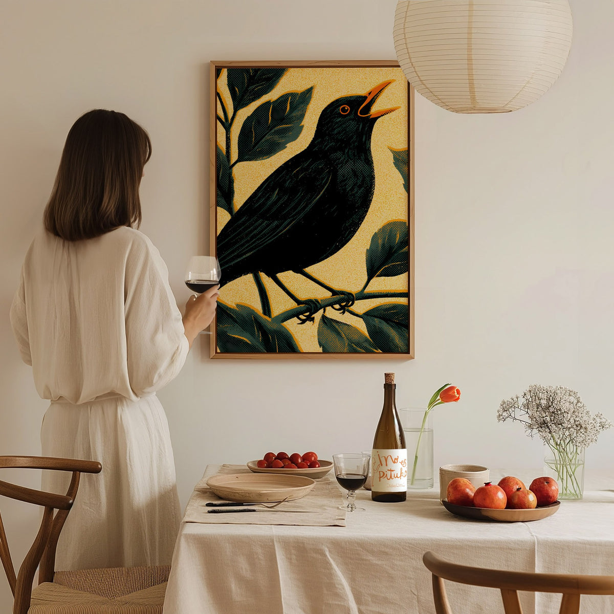 Blackbird in Gold Poster | Gold and Black Screen Print Art Print | British Garden Wall Art — styled in an interior