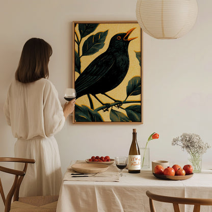 Blackbird in Gold Poster | Gold and Black Screen Print Art Print | British Garden Wall Art — styled in an interior