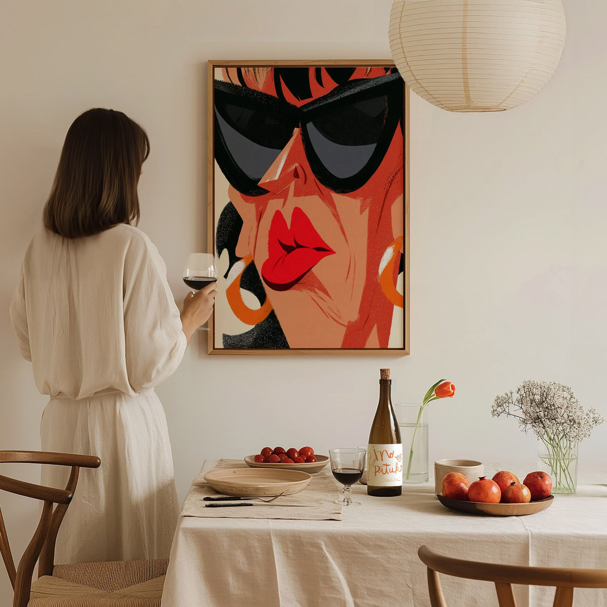 Diva Hides Eyes Poster | Coral and Black Illustrative Art Print | Pop Art Wall Art — styled in an interior
