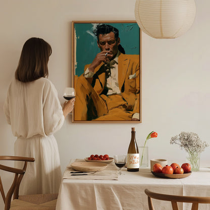 Man Lights Cigarette Poster | Teal and Mustard Oil Painting Art Print | Mid-Century Modern Wall Art — styled in an interior