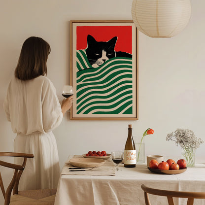 Cat Under Striped Blanket Poster | Green and Red Screen Print Art Print | Cat Lover Wall Art — styled in an interior