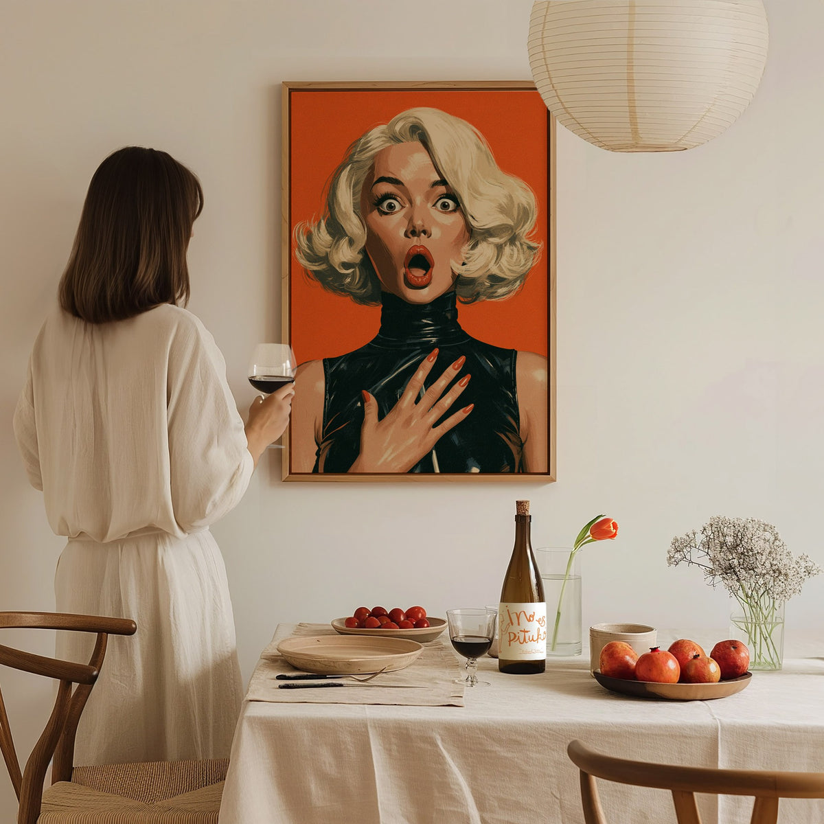 She Just Heard Poster | Orange and Black Illustrative Art Print | Pop Art Wall Art — styled in an interior