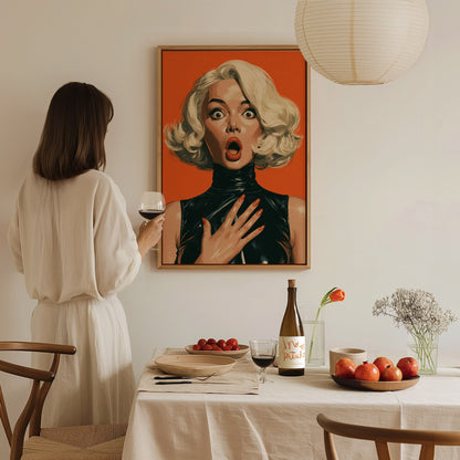 She Just Heard Poster | Orange and Black Illustrative Art Print | Pop Art Wall Art — styled in an interior