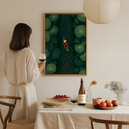 Lily Pad Passage Poster | Forest Green Illustrative Art Print | Botanical Wall Art — styled in an interior