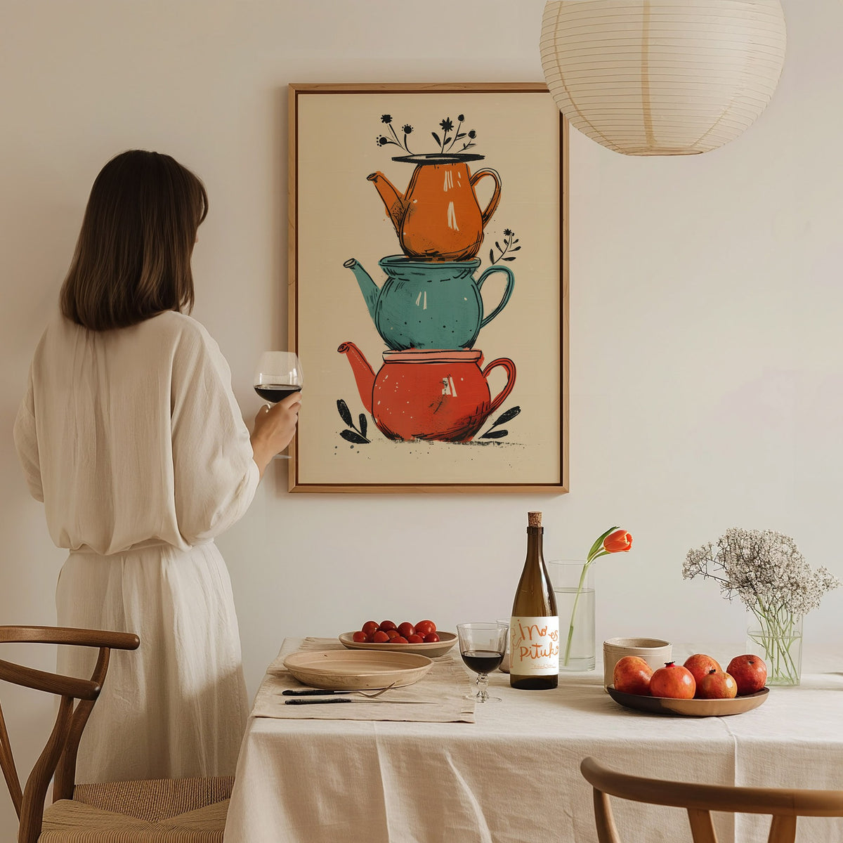 Stacked Teapots Poster | Coral and Teal Illustrative Art Print | Kitchen Wall Art — styled in an interior