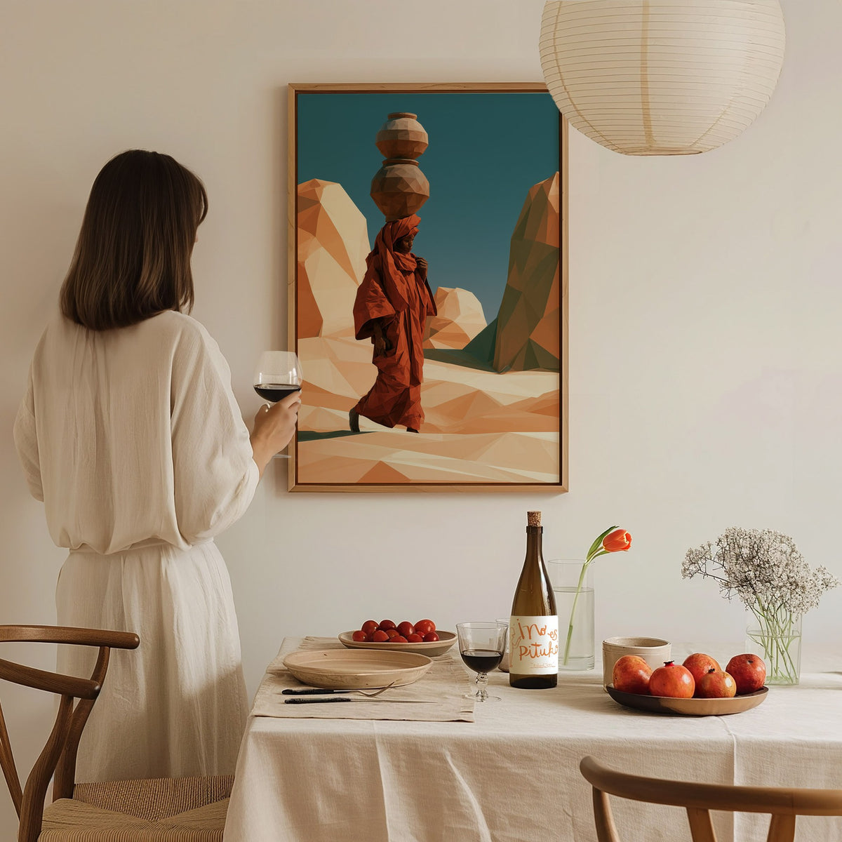 Merchant Carries Jars Poster | Ochre and Teal Low Poly Art Print | Minimalist Wall Art — styled in an interior