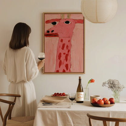 pink-giraffe-portrait Poster | Pink and Cream Oil Painting Art Print | Kids Room Wall Art — styled in an interior