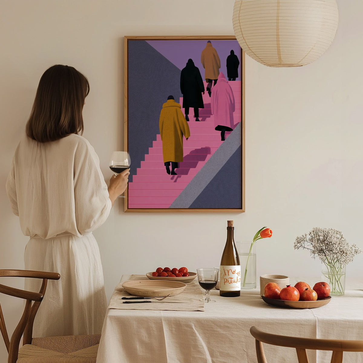 Figures Ascending Pink Poster | Pink and Purple Illustrative Art Print | Urban Minimalist Wall Art — styled in an interior