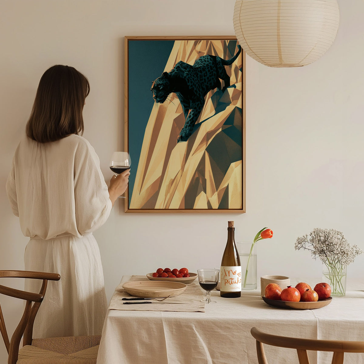 Panther Climbs Noon Poster | Teal and Black Low Poly Art Print | Dark Fantasy Wall Art — styled in an interior