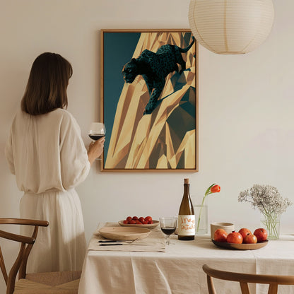 Panther Climbs Noon Poster | Teal and Black Low Poly Art Print | Dark Fantasy Wall Art — styled in an interior