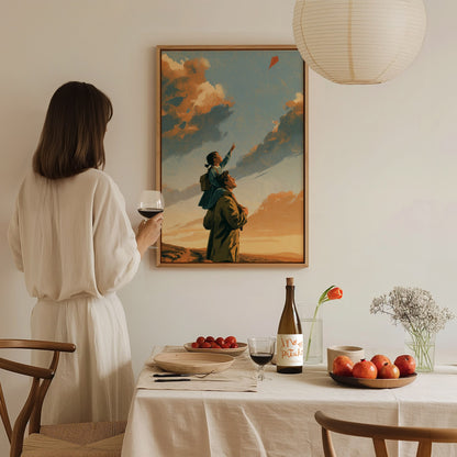 Shoulders Toward Sky Poster | Golden Orange Illustrative Art Print | Family Wall Art — styled in an interior