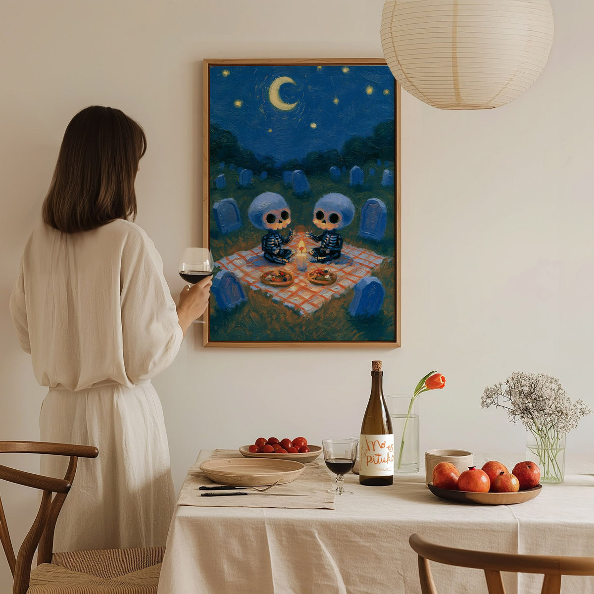 Skeleton Picnic Poster | Cobalt and Red Oil Painting Art Print | Goth Wall Art — styled in an interior
