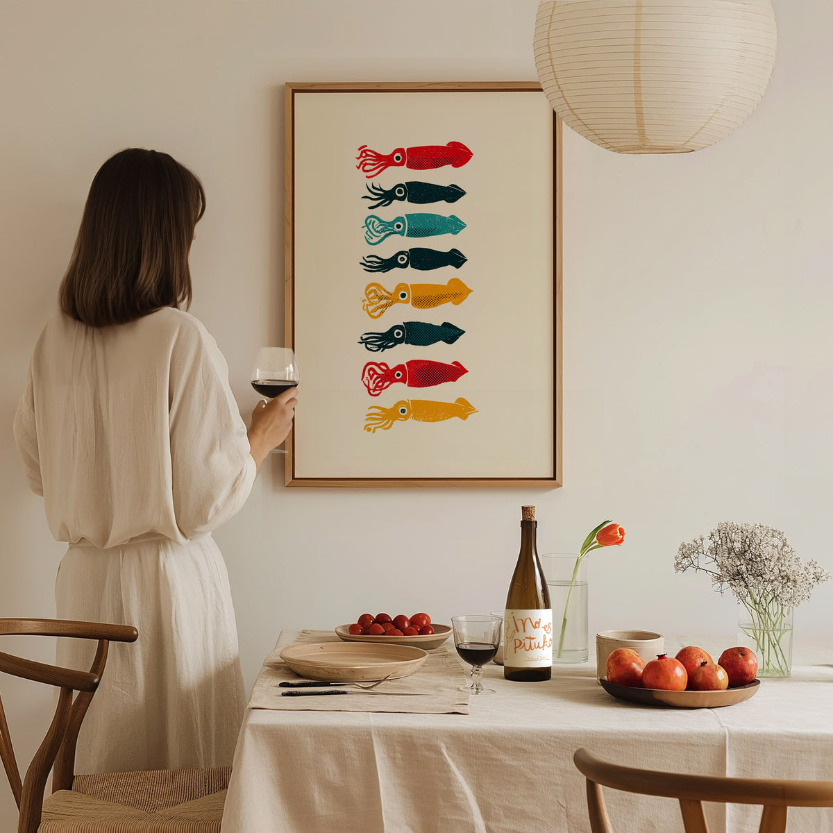 Five Squid Stack Poster | Multicolor Screen Print Art Print | Kitchen Wall Art — styled in an interior