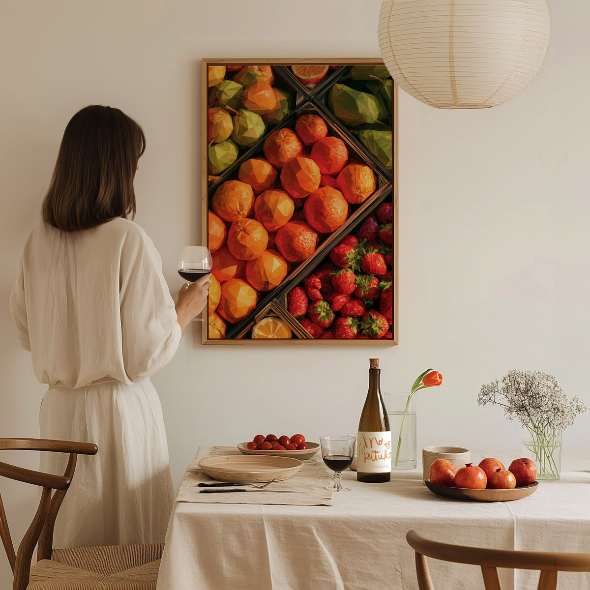 Fruit Stand Overhead Poster | Bold Citrus Low Poly Art Print | Kitchen Wall Art — styled in an interior