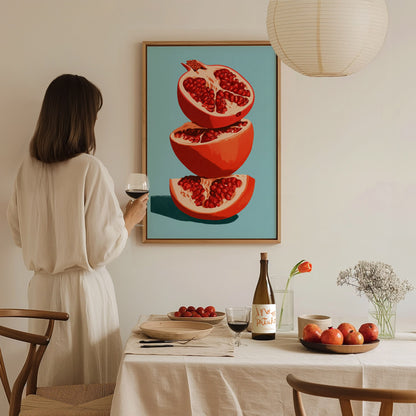 Pomegranate Towers Poster | Navy and Hot Illustrative Art Print | Kitchen Wall Art — styled in an interior