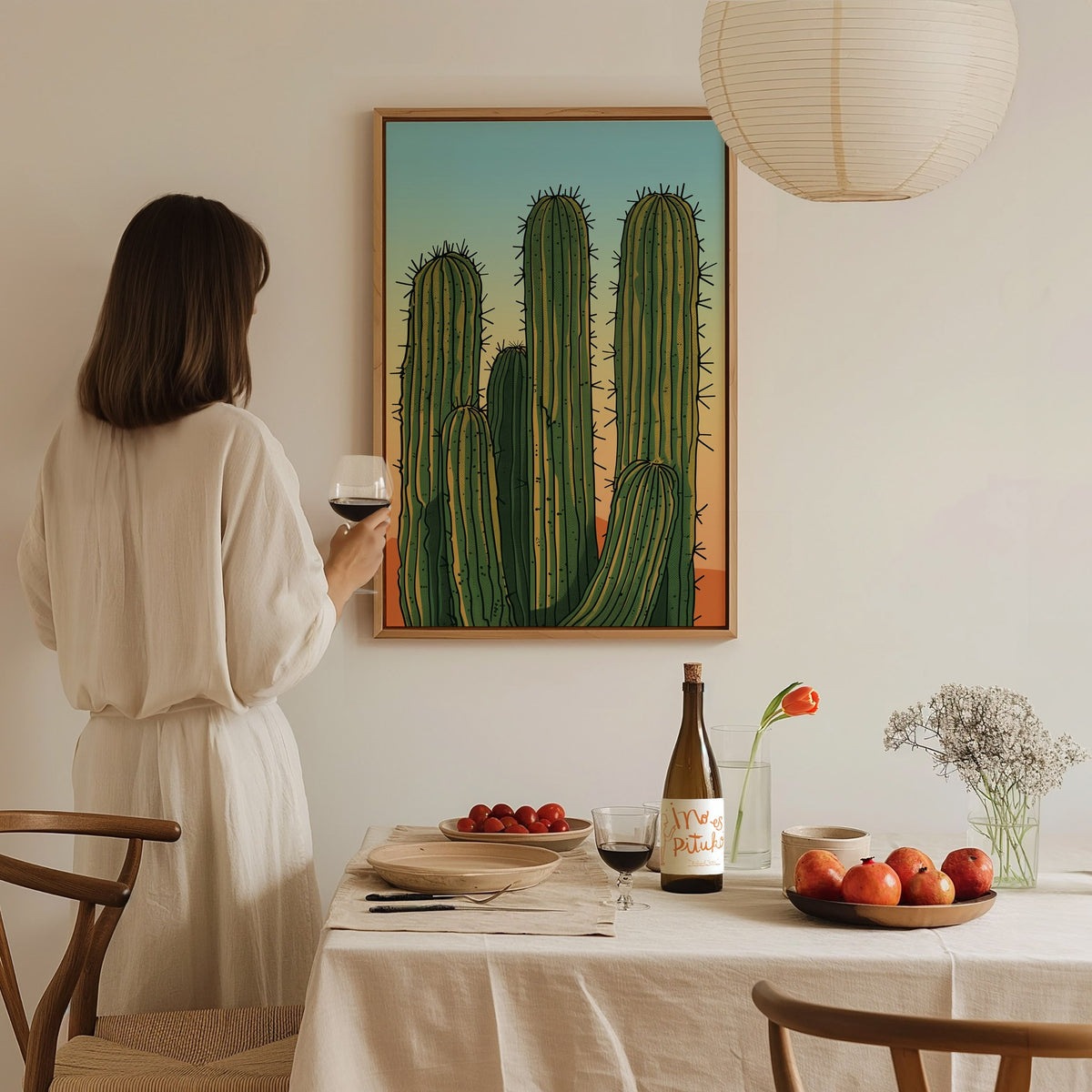 Cactus Garden Poster | Green and Coral Japanese Woodblock Art Print | Southwestern Wall Art — styled in an interior