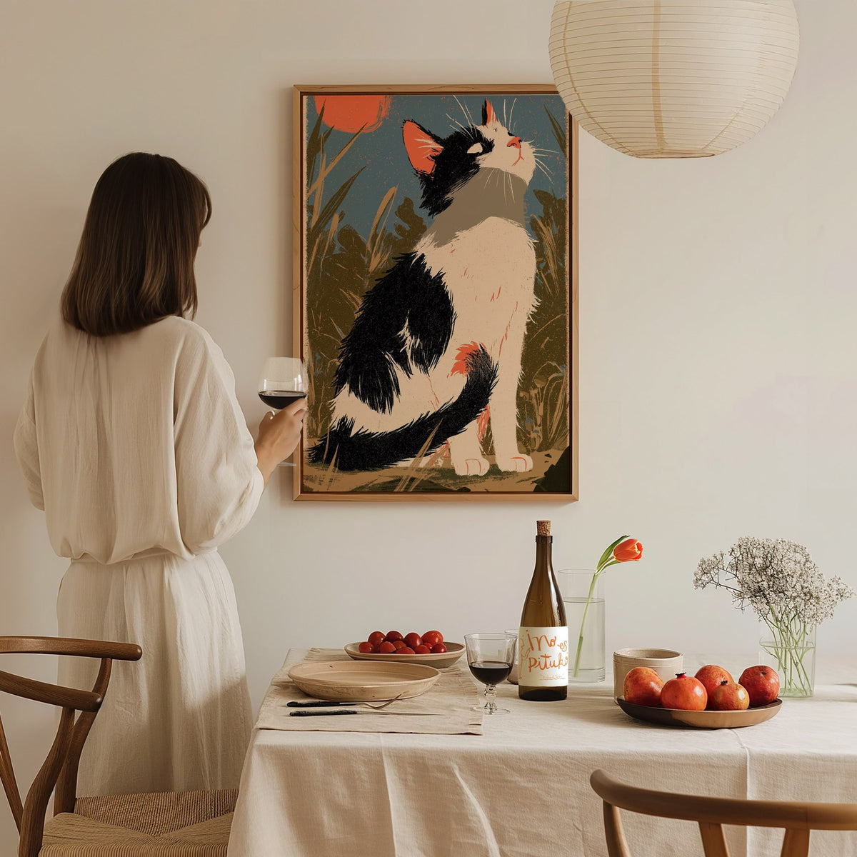 Cat Chasing Tail Poster | Cream and Coral Illustrative Art Print | Kids Room Wall Art — styled in an interior