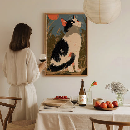 Cat Chasing Tail Poster | Cream and Coral Illustrative Art Print | Kids Room Wall Art — styled in an interior