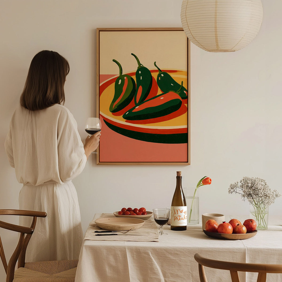 peppers-on-yellow-plate Poster | Yellow and Red Illustrative Art Print | Kitchen Wall Art — styled in an interior