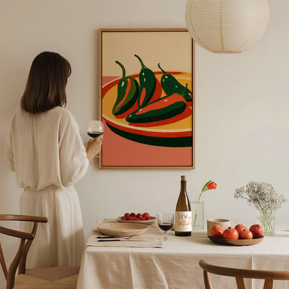 peppers-on-yellow-plate Poster | Yellow and Red Illustrative Art Print | Kitchen Wall Art — styled in an interior
