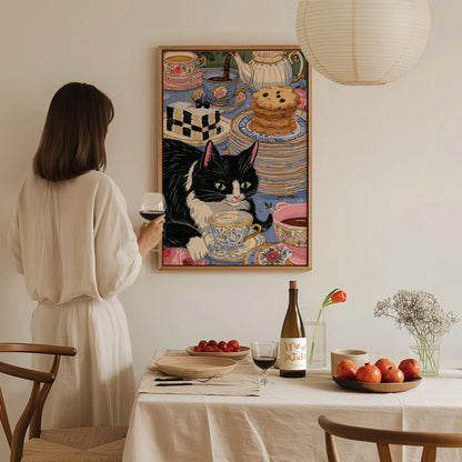 Cat Takes Tea Poster | Pink and Grey-Blue Illustrative Art Print | Kitchen Wall Art — styled in an interior