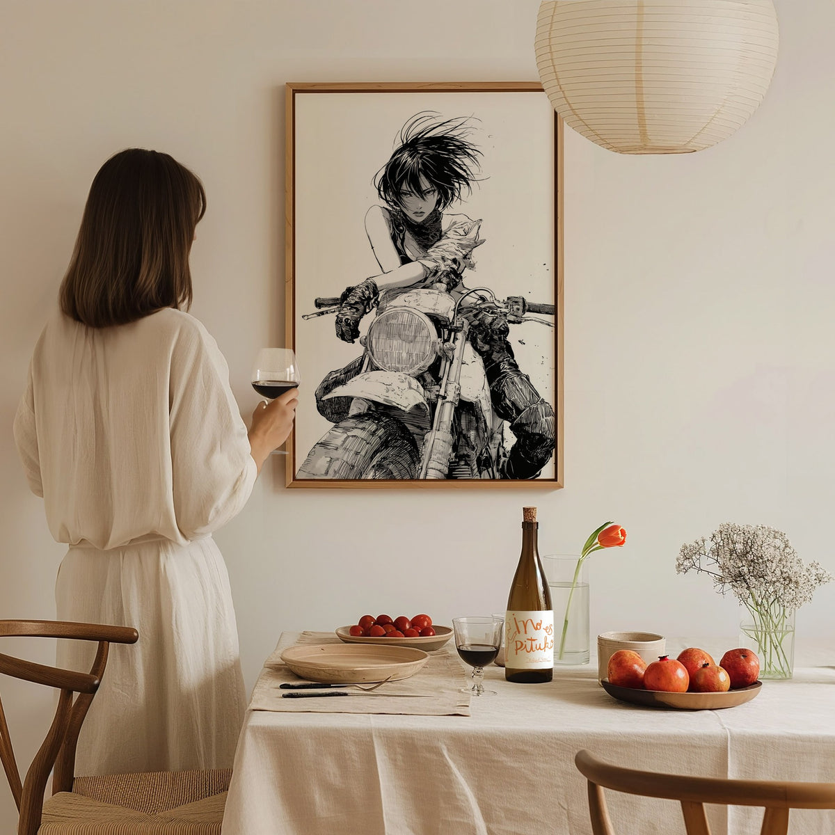 Rider Cuts Wind Poster | Black and White Pen and Ink Art Print | Moto Wall Art — styled in an interior
