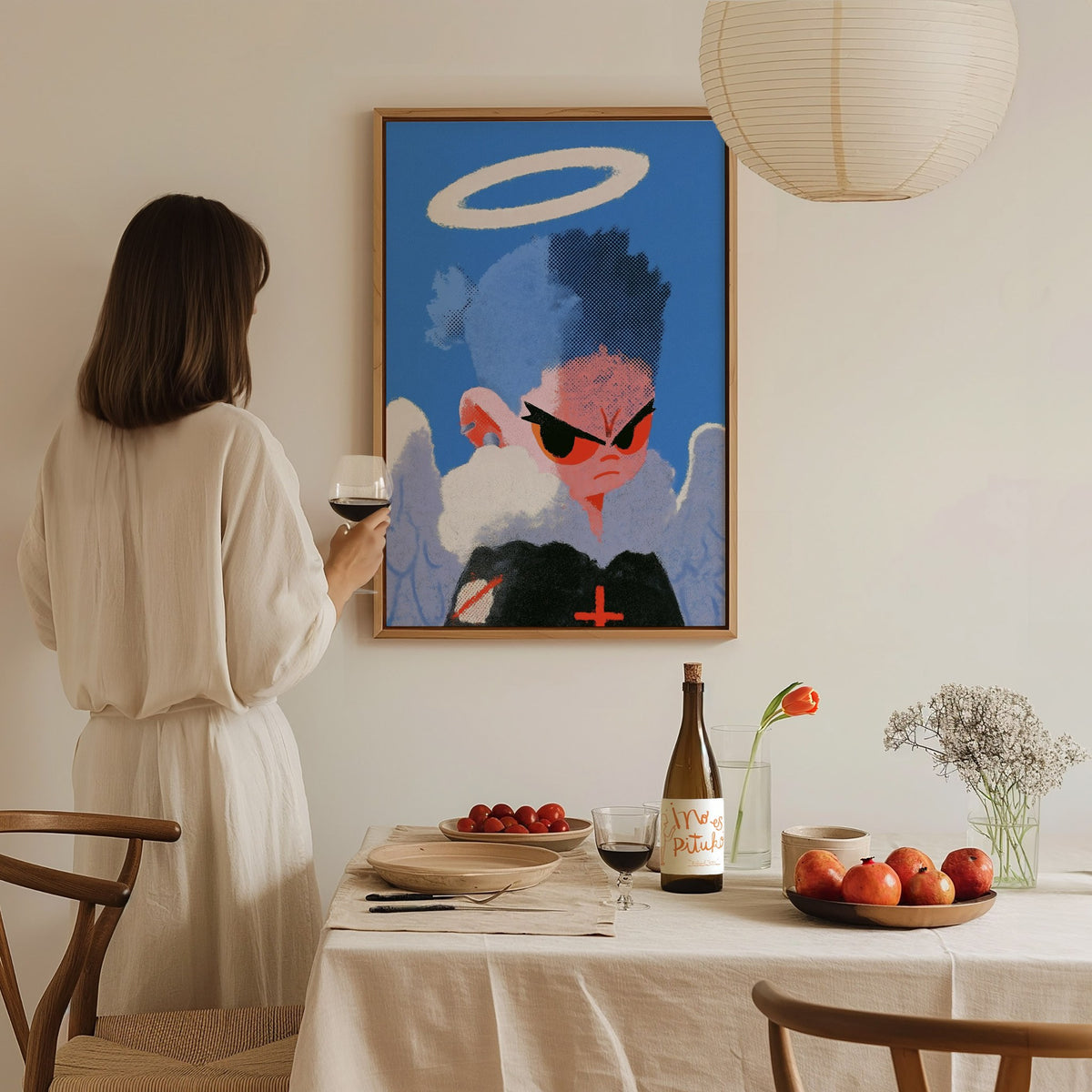 Fallen Angel Scowls Poster | Periwinkle and Orange Screen Print Art Print | Dark Fantasy Wall Art — styled in an interior