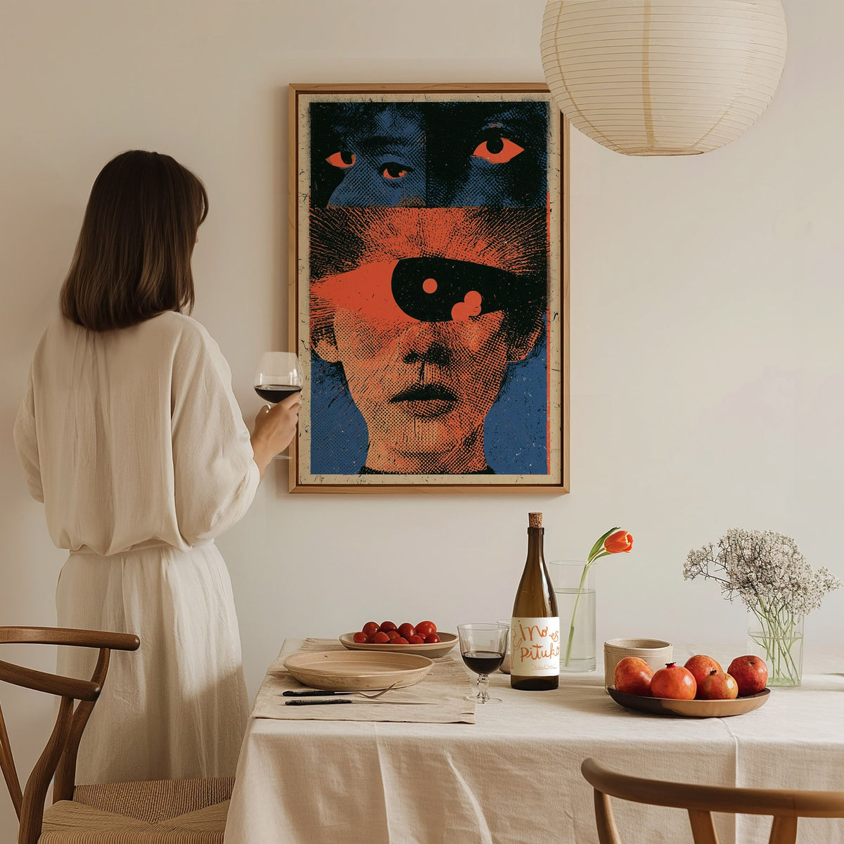 Two Faces Watching Poster | Coral and Teal Screen Print Art Print | Alternative Wall Art — styled in an interior