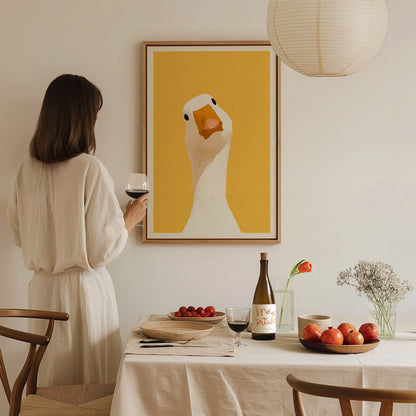 Goose Tilts Head Poster | White and Gold Flat Design Art Print | Kids Room Wall Art — styled in an interior