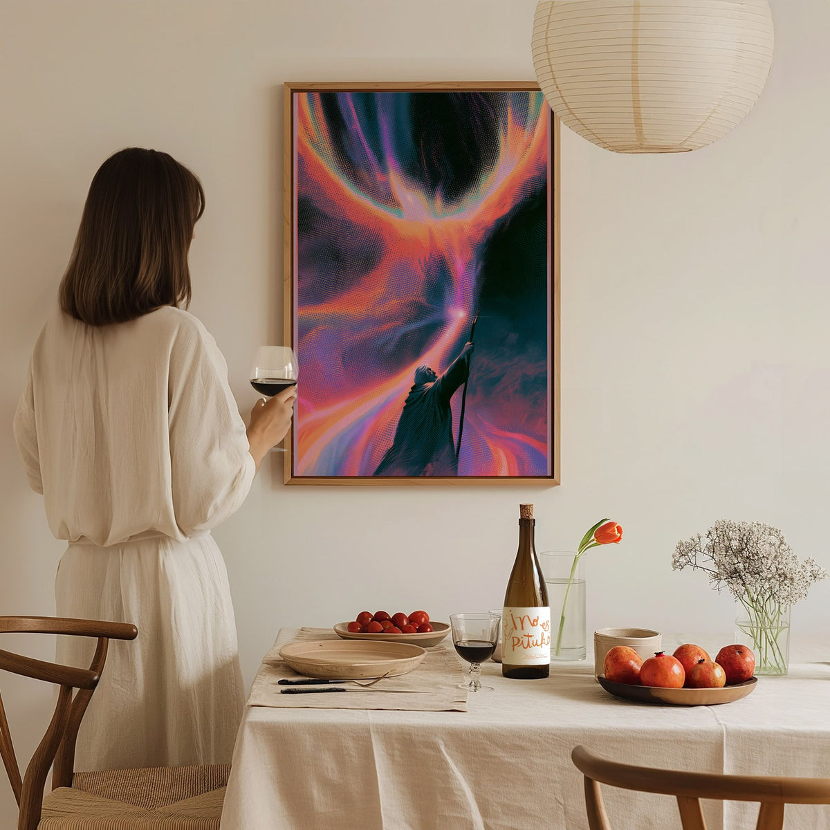 Wizard Channels Phoenix Poster | Cyan and Magenta Screen Print Art Print | Dark Fantasy Wall Art — styled in an interior