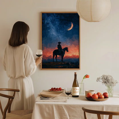 Cowboy Owns Night Poster | Deep Blue Low Poly Art Print | Western Modern Wall Art — styled in an interior