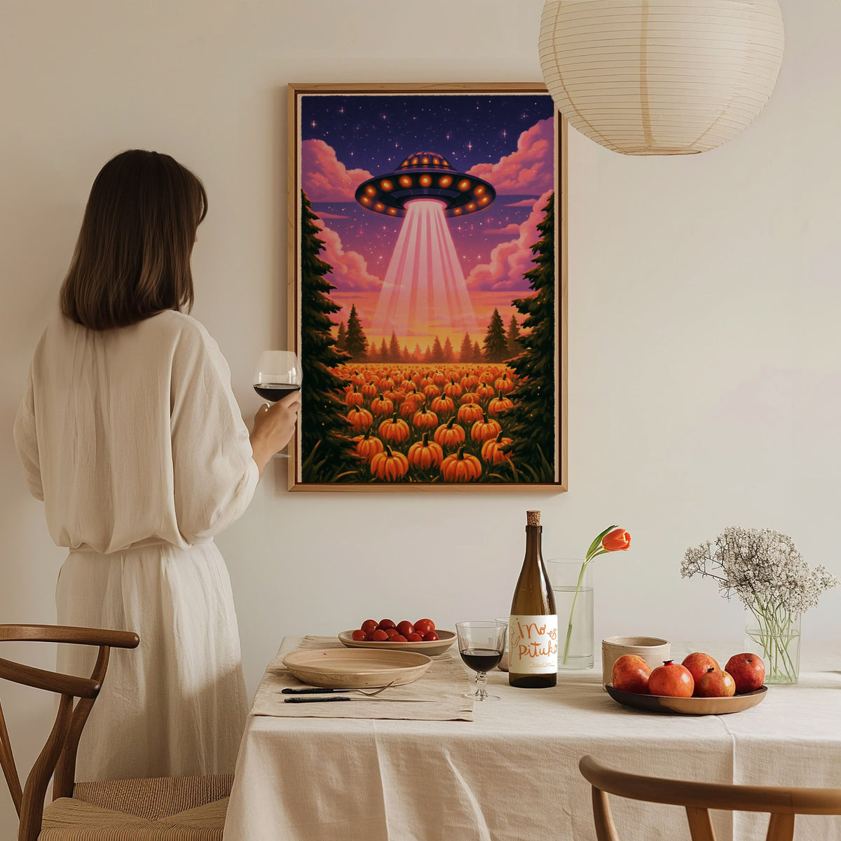 Gourd Harvest Poster | Orange and Purple Illustrative Art Print | Sci-Fi Wall Art — styled in an interior