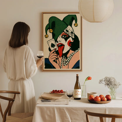 Joker Licks Ace Poster | Green and Red Screen Print Art Print | Dark Fantasy Wall Art — styled in an interior