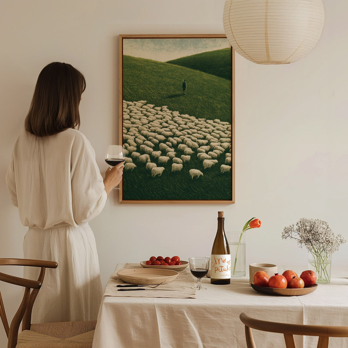 Shepherd Counts Flock Poster | Green and Cream Illustrative Art Print | Cottagecore Wall Art — styled in an interior