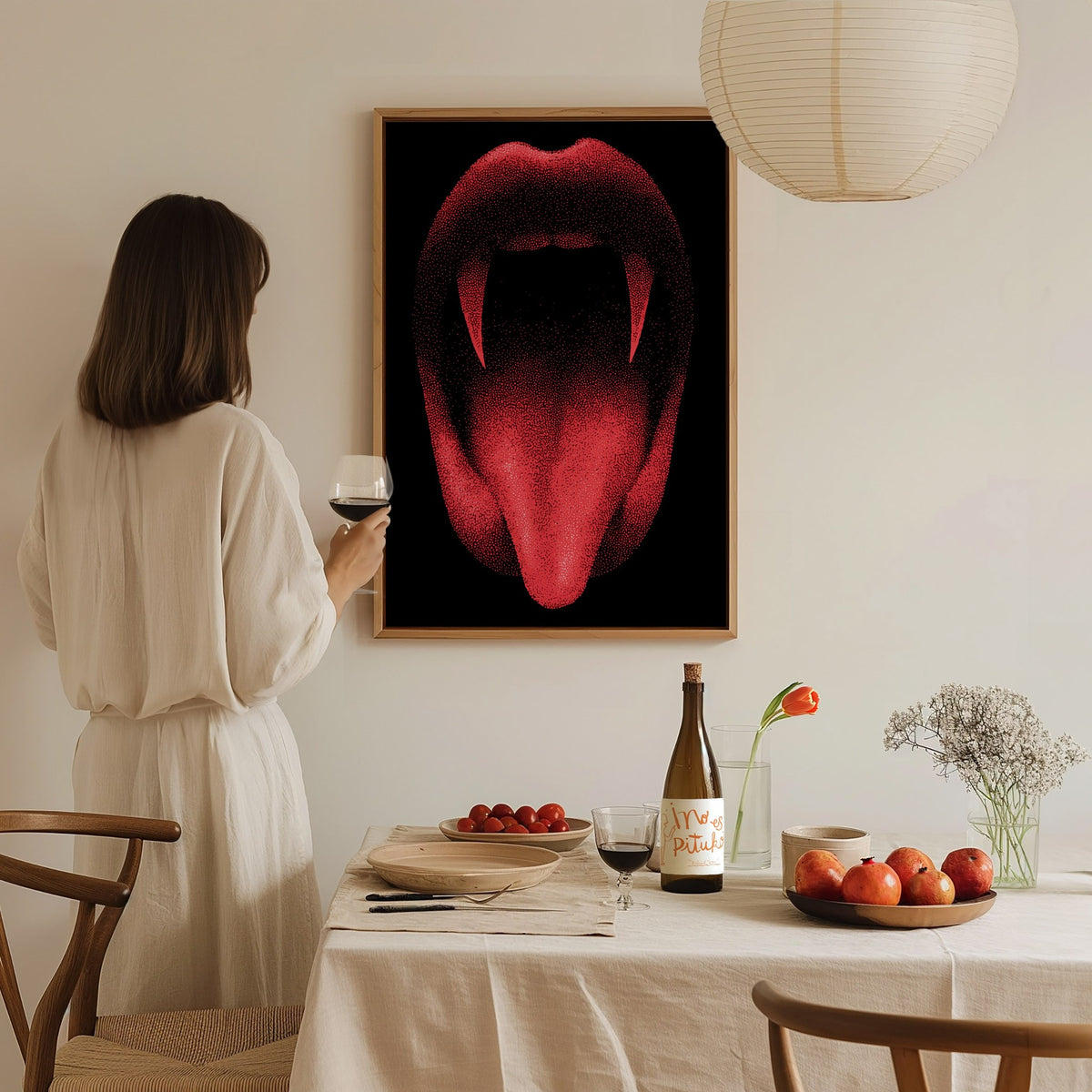 Vampire Smile Poster | Pen and Ink Art Print — styled in an interior