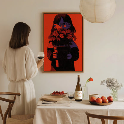 Girl Holds Blooms Poster | Coral and Purple Illustrative Art Print | Kids Room Wall Art — styled in an interior
