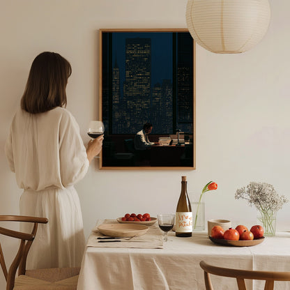 Salesman Works Late Poster | Deep Blue Illustrative Art Print | Office Wall Art — styled in an interior