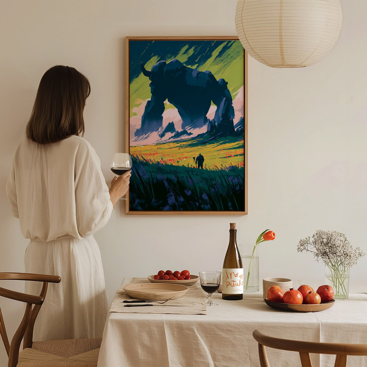 Stone Guardian at Dawn Poster | Navy and Orange Illustrative Art Print | Dark Fantasy Wall Art — styled in an interior