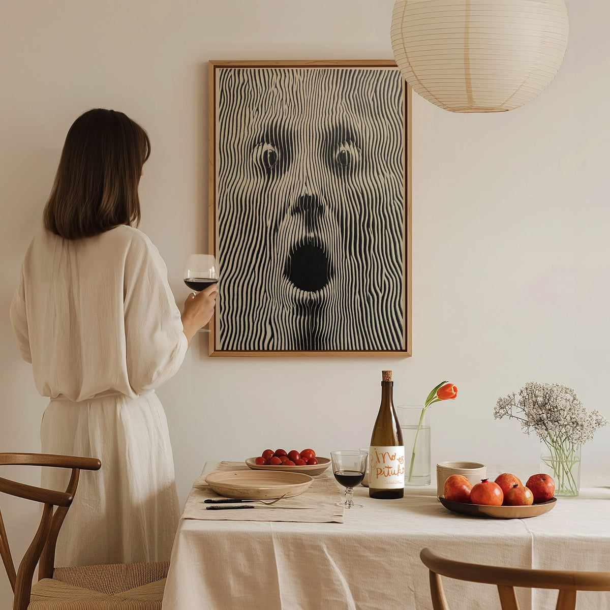 Panic Face Poster | Black and Cream Pen and Ink Art Print | Dark Art Wall Art — styled in an interior