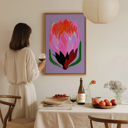 Flower Erupts Purple Poster | Pink and Lavender Illustrative Art Print | Botanical Wall Art — styled in an interior
