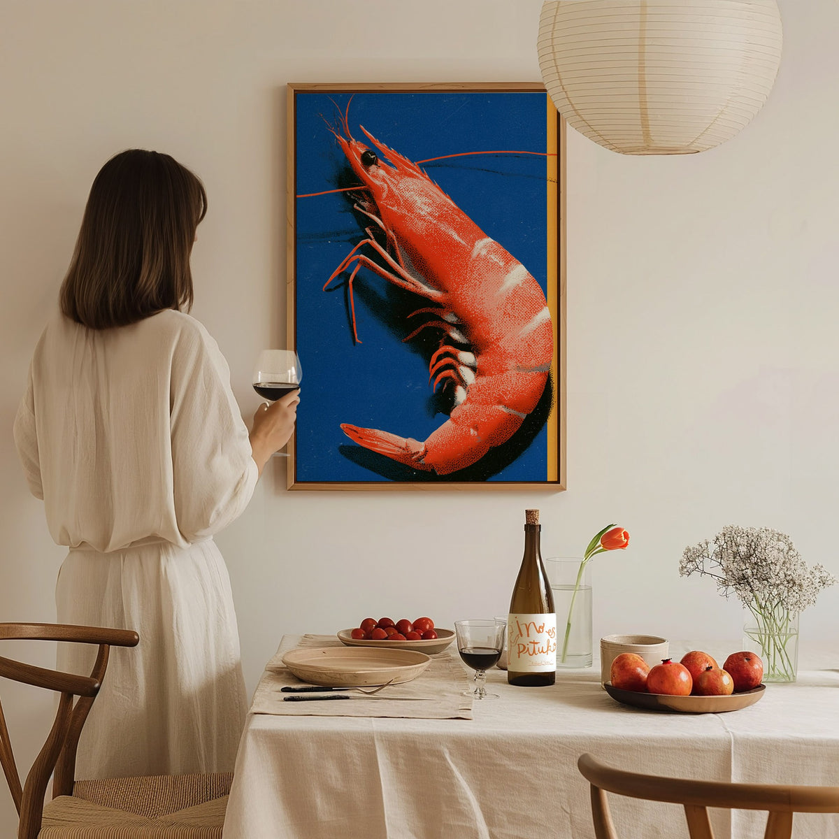 prawn-on-blue Poster | Blue and Orange Screen Print Art Print | Kitchen Wall Art — styled in an interior