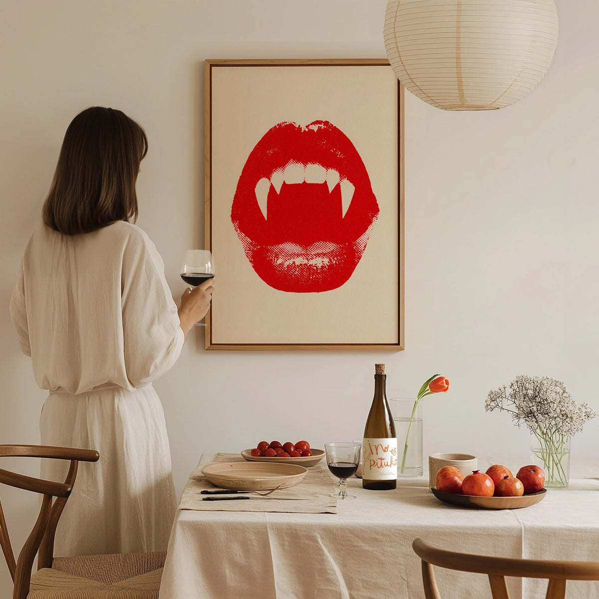 Vampire Bite Poster | Red and Cream Screen Print Art Print | Goth Wall Art — styled in an interior