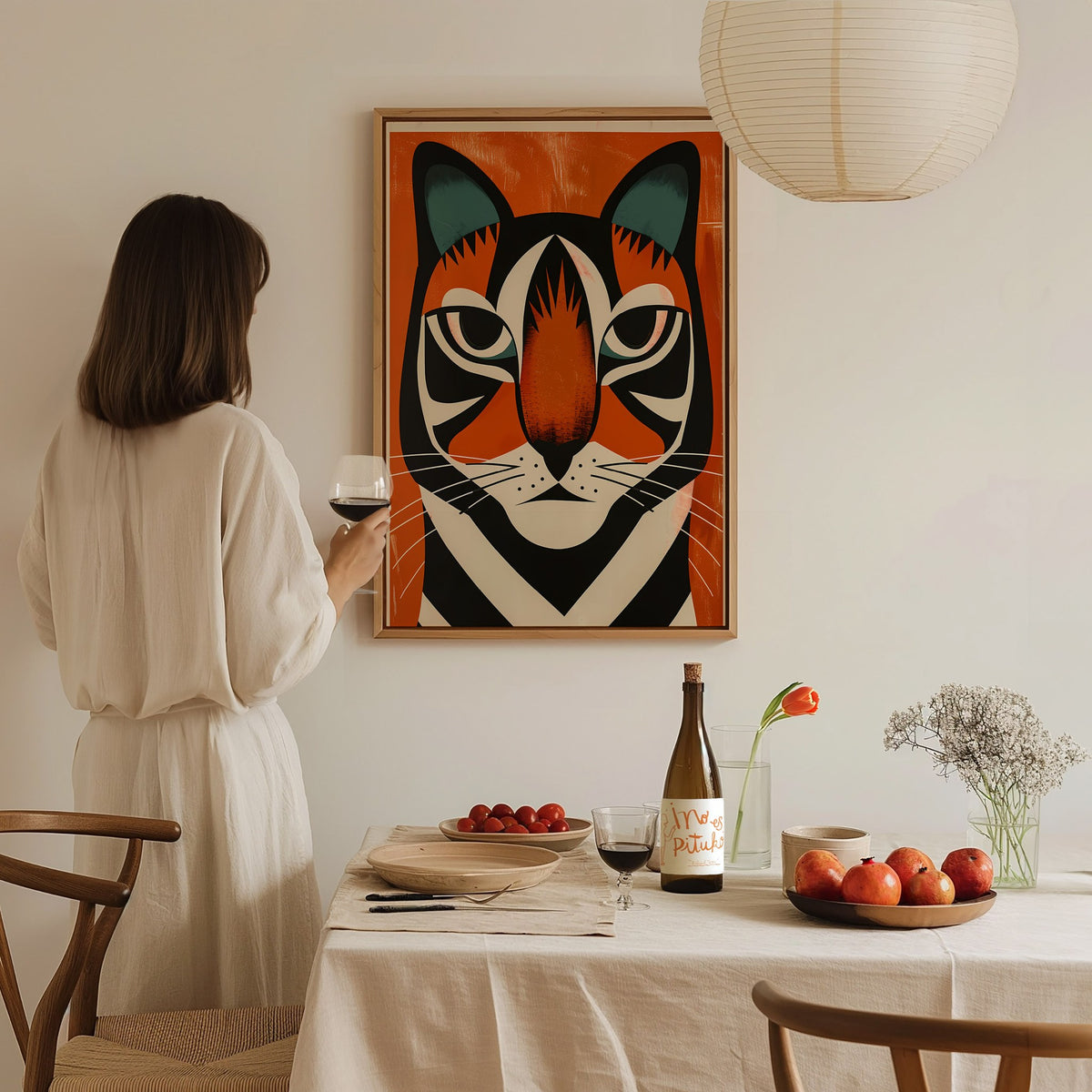 Tiger Stripes Poster | Orange and Teal Flat Design Art Print | Kids Room Wall Art — styled in an interior