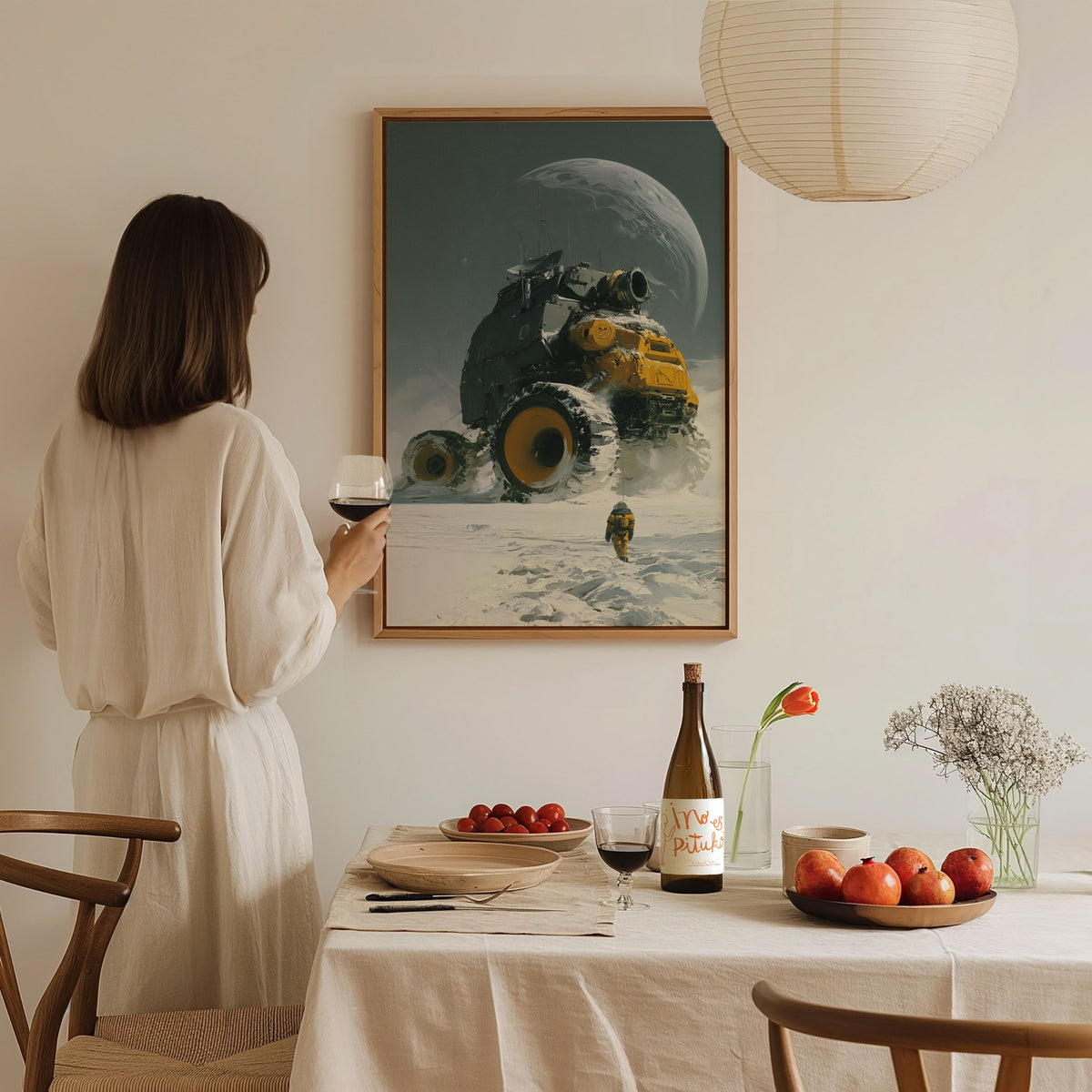 Rover Dwarfs Explorer Poster | Gray and Yellow Oil Painting Art Print | Sci-Fi Wall Art — styled in an interior