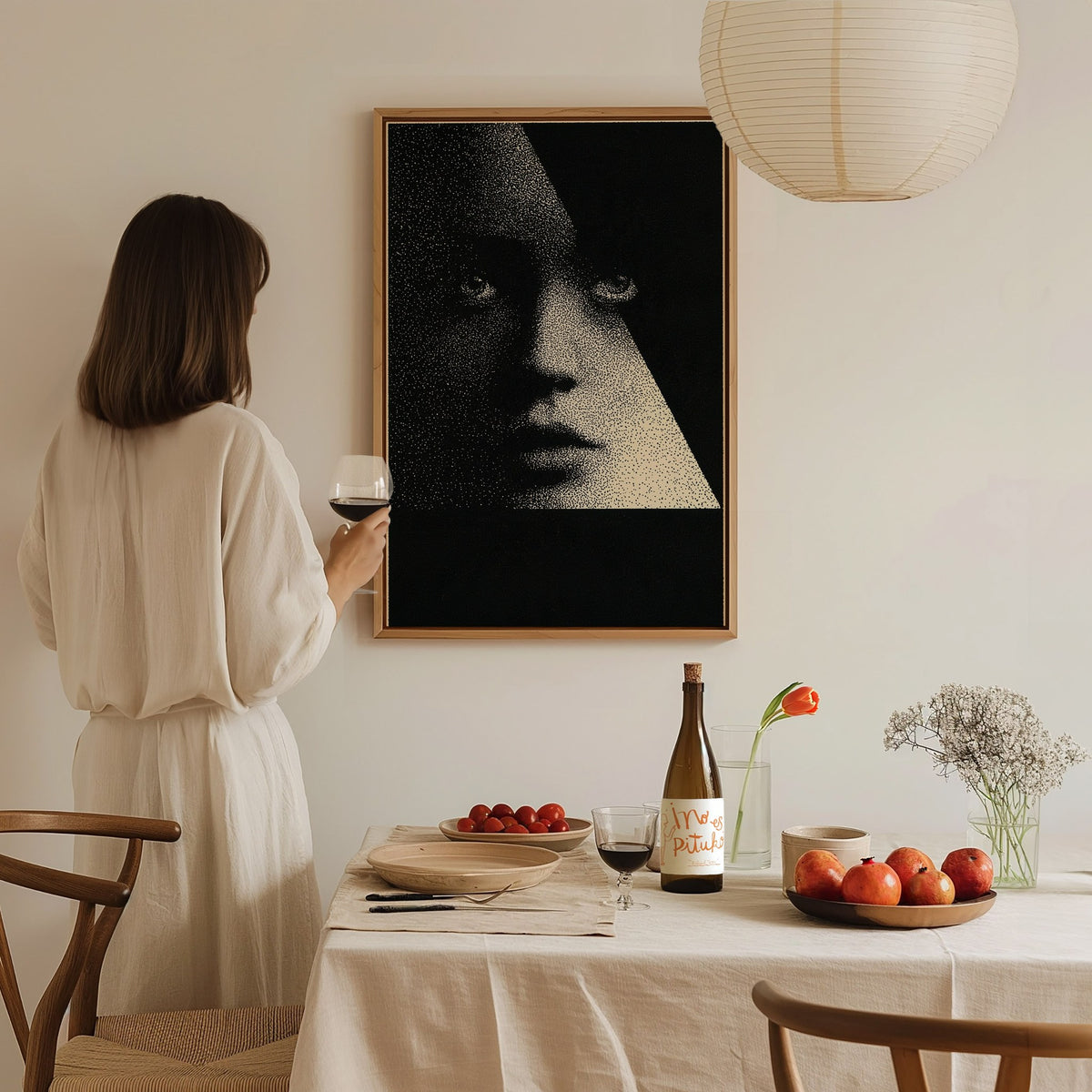 Face Emerging Light Poster | Black and Cream Pen and Ink Art Print | Dark Academia Wall Art — styled in an interior