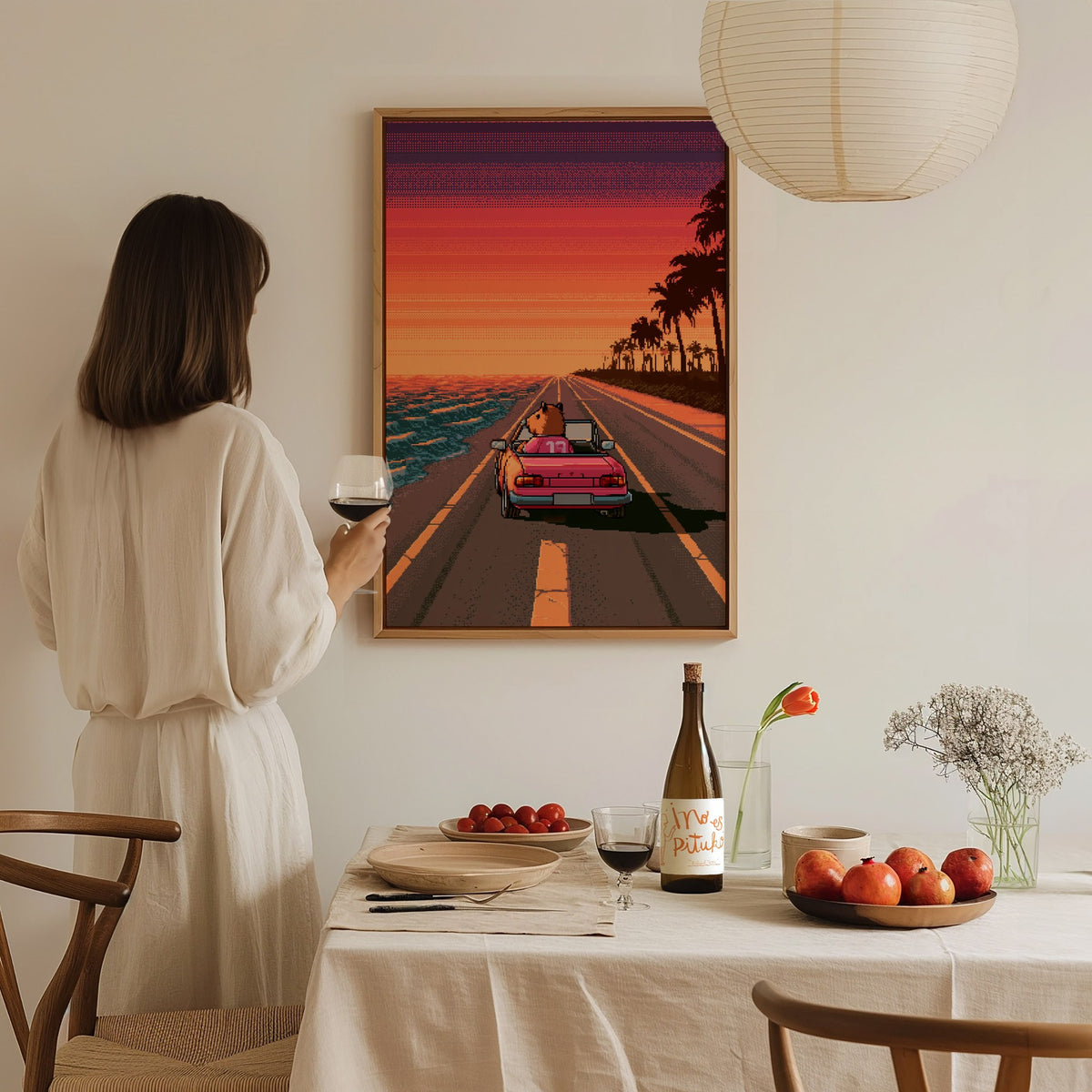Capybara Drives Sunset Poster | Coral and Purple Pixel Art Print | Retro Gaming Wall Art — styled in an interior
